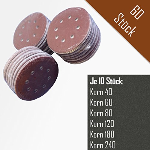 60 Stück Klett-Schleifscheiben Ø 125 mm Sortiment: Körnung je 10 x 40/60/80/120/180/240 für Exzenter-Schleifer 8 Loch Scheiben Klett Schleifpapier