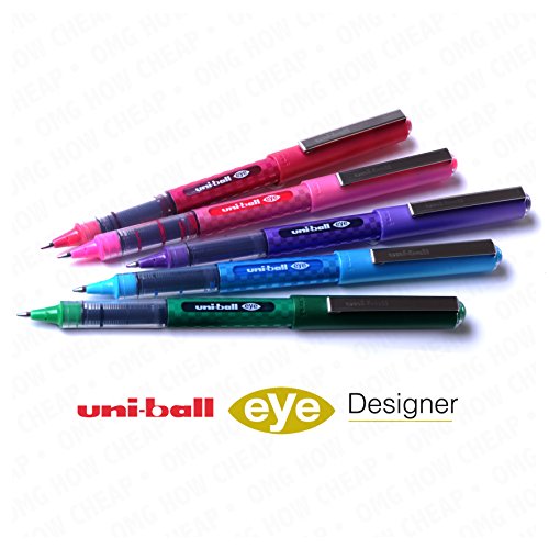Uni-Ball UB-157D Designer Eye Rollerball Pen Set - Pack of 5 Swatch Colours (Green, Light Blue, Pink, Red and Violet) UB157D