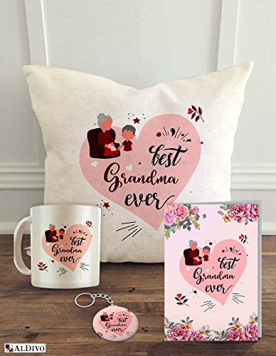 ALDIVO Combo Pack of 12x12 Inches Satin Cushion Cover with Filler, Printed Mug, Greeting Card and Printed Key Ring