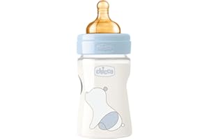 Chicco ORIGINAL TOUCH Butelka antykolyczna z 100% naturalnym, gumowym smoczkiem, butelka o powolnym przepływie 0 miesięcy +, butelka z plastikową butelką 150 ml, jasnoniebieska