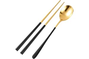 Bärbar uppsättning av silver, rostfritt stål ätpinnar och sked bestick för utomhusresor, presentset (svart +