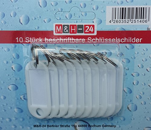 M&H-24 Schlüsselanhänger Kunststoff, Schlüsselschilder zum Beschriften, 10-30-50-100-Stück, mit Ring und auswechselbare Etiketten, Weiß - 2