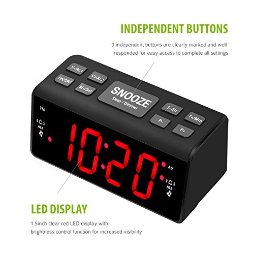 Mpow-Radio-Alarm-Clock-FMAM-Digital-Alarm-Clock-Radio-Bedside-Alarm-Clocks-with-Dual-Alarms-Snooze-Function-Sleep-Timer-15-inch-Large-Red-LED-Display-Dimmer-Mains-Powered-Black