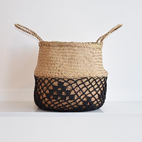 DUFMOD Netted Large Natural Black Seagrass Woven Tote Belly Multipurpose Basket for Storage, Laundry, Picnic, Plant Pot Cover, and Beach Bag (Large, Black Net)