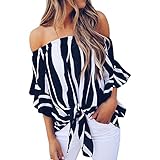 Produp Fashion Damen Tops Striped Off Schulter Taille Krawatte Bluse Kurzarm Lässige T Shirts Tops Komfortable Pullover