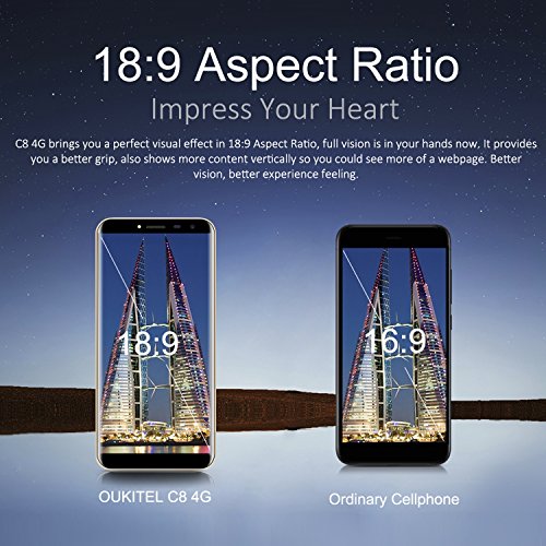 OUKITEL C8 4G Smartphone Ohne Vertrag 5,5 Zoll (18:9 VerhÃ¤ltnis Vollbild) 2.5D HD IPS Android 7.0 Dual SIM MT6737 Quad Core 2GB RAM+16GB ROM 3000mAh 13MP+5MP Kameras Fingerabdruck(Golden)