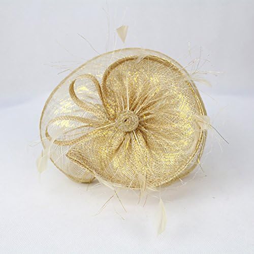 AJOG Women Fascinator Hair Hoop Feather Headwear Mesh Headband Christmas Derby Wedding Cocktail Tea Party Pillbox Hat,Golden
