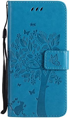 iPhone X Case, CUSKING PU Leather Wallet Case with Card Slots, Magnetic Shockproof Embossed Cat Tree Butterfly Pattern Design Case Cover for Apple iPhone X - Blue