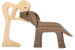 QKLOVNI Holzskulpturen, handgefertigte Akzente, Bastelfigur für Heimdekoration, Akzente, Familie und Welpen, Holzhandwerk, Skulptur für Zuhause, Büro, Wohnzimmer (Man und Hund)