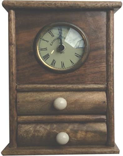 Rustic Wooden Table Clock with Two Small Drawers