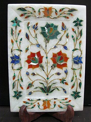 7" x 5'' White Marble Serving Tray Decorative Item Multi Color Stones Inlay Floral Design
