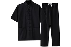 GENERIC Tenue 2 pièces pour hommes - Chemise d'uniforme de Tai Chi Qi Gong - Arts martiaux Wing Chun Shaolin Kung Fu - Ensemble rétro à manches courtes et pantalon - En coton et lin - Vêtements traditionnels