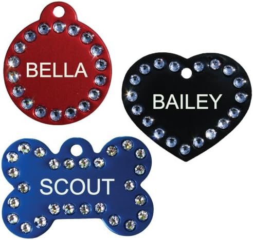 GoTags Pet ID Personalized, Swarovski Crystal Dog and Cat Pet ID Tags – Available in Bone, Round, or Heart Shapes – Double Sided (Front and Back) Custom Engraved
