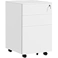 Vinsetto 3-Drawer Vertical Filing Cabinet with Pencil Tray, Lock and 5 Wheels, Steel Mobile File Cabinet, for A4, Legal and Letter Size, Pre-Assembled Body, White