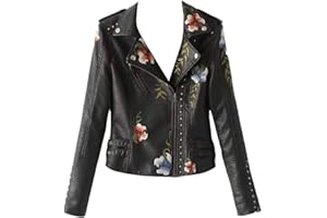 GUOCU Femme Floral Brodé Moto Biker Veste Manteaux Blazerà Manches Longues en Cuir PU Veste Courte De Moto