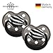 Produktbild ROCK STAR BABY® by Tico Torres Schnuller 2er Set inkl. Schutzkappen - Silikon Nuckel Größe 1, von 0-6 Monate, kiefergerechter Beruhigungssauger für Babys - Zebra, schwarz