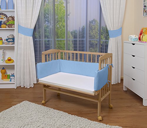 Preisvergleich Produktbild WALDIN Baby Beistellbett mit Matratze und Nestchen, höhen-verstellbar, 16 Modelle wählbar, Buche Massiv-Holz natur unbehandelt,blau