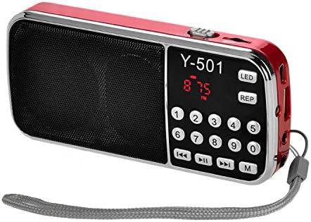 iMinker Mini Portable Digital FM Radio Media Speaker MP3 Music Player Support TF Card/USB Flash Drive with LED Screen Display, Emergency Flashlight, 3.5mm Earphone Jack/AUX Port (Red)