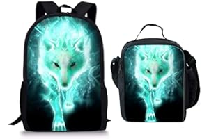 AMZBEAUTY Wolf Kids Backpack Student Set 2 Piece Back to School Book Bag with Lunch Bag for Boys Girls
