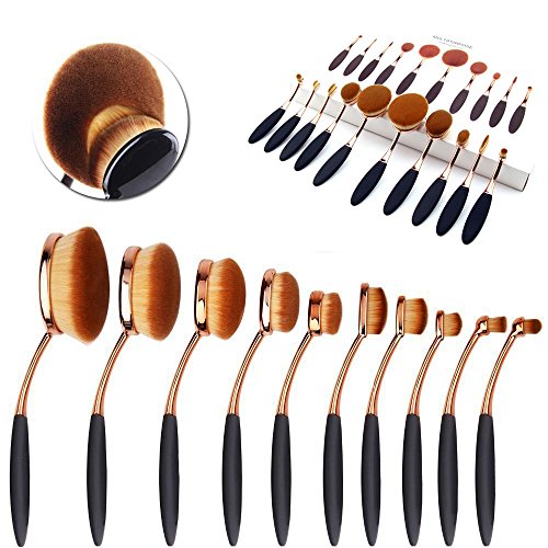 CDC® Golden Black Oval 10PCs Pro Cosmetic Makeup Face Powder Blusher, Toothbrush Curve Liquid Foundation Blending Brush, Powder Cream Concealer Cosmetic Tools-Makeup Kit