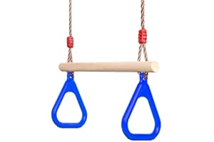 PELLOR Trapèze Balançoire en Bois avec Gymnastique Anneaux Enfants Portique Toboggan Jeux Jardin Extérieur Intérieur (Bleu)