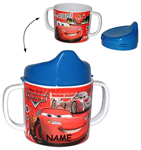 Disney Cars - Lightning McQueen - Trinklernbecher - incl. Name - aus Melamin - blau für Jungen - Auto - Tasse mit abnehmbaren Deckel - Mc Queen Francesco / Trinkbecher Kleinkinder - Kindergeschirr - Car Fahrzeuge - für Baby auslaufsicher - Trinklerntasse