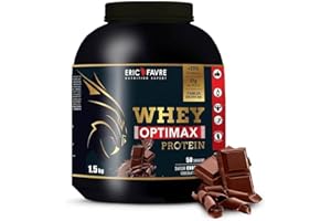 WHEY OPTIMAX PROTEIN +74% Protéines Bi-sources: WPC + Protéine Brevetée, 17g BCAA, 11g Glutamine, Peu Sucrée et Onctueuse｜Idéal pour la Prise de Masse Musculaire｜ Chocolat 500g - Eric Favre