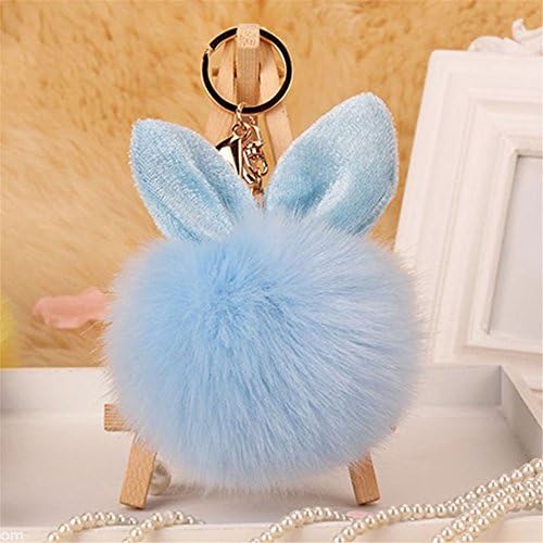 The Cheers Soft Rabbit Ear Faux Fur Keychain HandBag Pendant Charm Pompom Ball Car Key Ring (Light Blue)