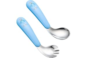 MITENING Juego de cucharas y tenedores para bebé, 2 unidades, acero inoxidable, curvados, con mango antideslizante, cuchara curvada, tenedores, 13 x 3 cm, cuchara para aprender a comer con elefante