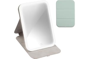 FOCENAT GreenGlow Portable LED Touch Screen 360° Lighted Vanity Mirror - Rechargeable, 3-Color Dimmable Lighting, Folding Tabletop Cosmetic Mirror