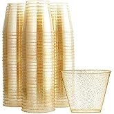 PIQIUQIU 25 Clear Hard Plastic Cups with Gold Glitter - 270ml / 9oz Reusable Cups Ideal for Parties and Events