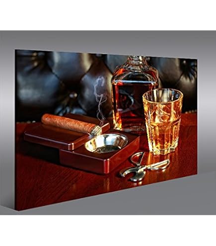 1art1 Whiskey & Zigarren Leinwandbild 80x60 Cm – Kunstdruck Auf Keilrahmen, XXL-Wandbild Für Wohnzimmer, Bar Oder Büro