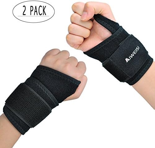 AIWEISI Adjustable Breathable Lightweight Fitness Hand Support Wrist Brace/Wraps/Straps with One More Neoprene Elastic Velcro Strips Designed for Carpel Tunnel Syndrome/Arthritis/Tendonitis &amp; Sprains/ Workout Exercise Bodybuilding Power-Lifting Gym Cross-fit One Size Fits for Both Hand Suitable for Men &amp; Women (Pack of 2)