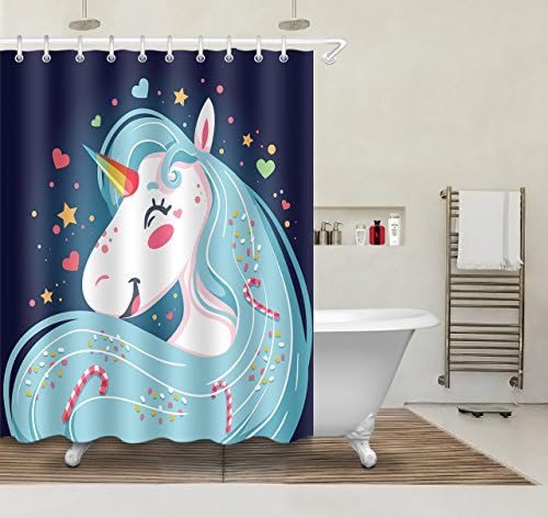 Cartoon Shower Curtain,Heart,Star,Unicorn Shower Curtain 150W x180H(60W x72H Inch)Mildew Resistant Polyester Fabric Bathroom Fantastic Decoration Bath Curtain, Hook Included