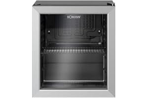 Bomann KSG 7282.1 - Frigorifero con porta in vetro, piccolo frigorifero silenzioso senza congelatore (39 dB), 48 litri, ideale per gaming, ufficio, campeggio, bar, feste