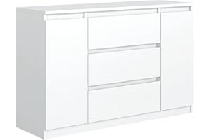 meble masztalerz Komoda Biała Mat z 3 szufladami i 2 drzwiami - 120,4x78,2x39 cm - Komoda do salonu, sypialni - Szafka z szufladami - Komoda z szufladami - 120 cm