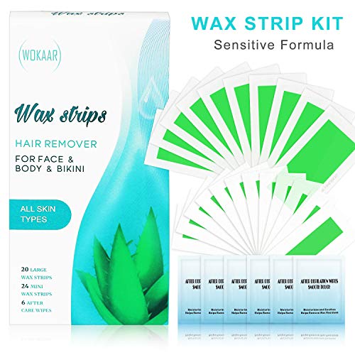 Wokaar Wax Strips Hair Removal Wax Strip for Bikini Body Face Sensitive Skin for Men/ Women, 44 Count Double Sided +6 Post Wipes,Aloe Vera Flavor