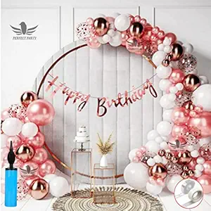 Alaina Happy Birthday Decoration Items Set for Boys Girls 70 Pcs Kit - Happy Birthday Cursive Banner, Confetti Balloons, Chrome Balloons, Rose Gold White Metallic Balloons, Balloons Hand Pump, Glue Dots, Arch Strip for Birthday Party Celebration