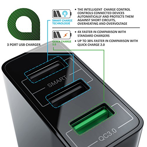 Aplic - 30W Caricabatterie da muro | Quick Charge 3.0 Alimentatore Parete USB con 3 porte | Adattatore di ricarica rapida | Tecnologia Smart Charge | Caricatore USB per Samsung Galaxy S8 / S8+ / Note 8, LG G5 / G6, Nexus 5X / 6P, HTC 10, iPhone X / 8 / 8 Plus, iPad Pro / Air ecc | Nero