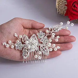 CROWN GUIDE Bridal Hair Comb Clip Pin Rhinestone Pearl Wedding Hair Accessories for Women Brides Bridesmaid Hairpiece Silver
