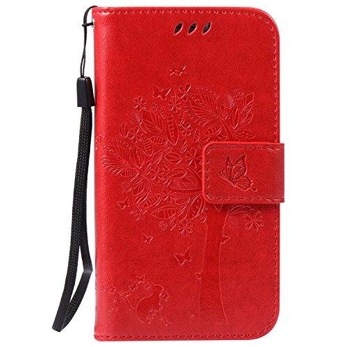 Samsung Galaxy S5 mini Hülle, Cozy Hut Samsung Galaxy S5 mini Hülle Muster, Handy Case Cover Tasche for Samsung Galaxy S5 mini (4.5 Zoll), Bunte Retro Katzen Schmetterlinge Baum Prägemuster Design Muster Druck Flip PU Leder Tasche Case Hülle im Bookstyle mit Standfunktion Kartenfächer mit Weich TPU Innere Hülle Case für Samsung Galaxy S5 mini - Rote