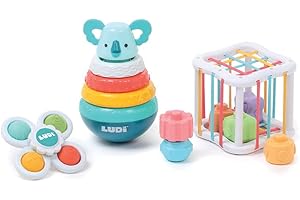 LUDI - Coffret Manipulation - Jouets D'Éveil Bébé - Dès 10 Mois - Développer Le Toucher, La Motricité Fine & La Découverte - 1 Cube Élastique + 1 Pyramide Avec 3 Anneaux + 1 Baby Spinner
