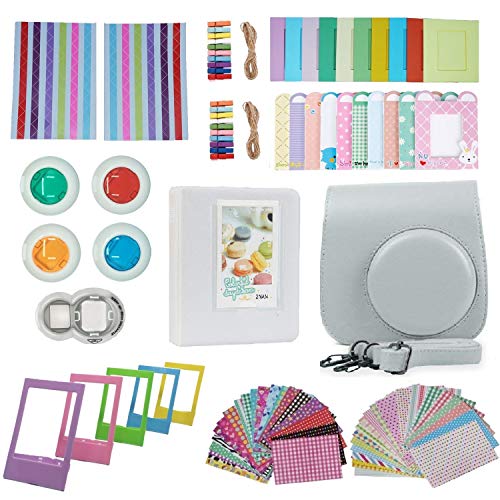 FollowSun 10 en 1 Cámara Accesorios para Fujifilm Instax Mini 9 8 8+: Caso/Album/Selfie Lente/Filtro de Color/Wall Cuelgue Marcos/Pegatinas de Frontera/Marco/Pegatinas de Esquina (Blanco Ahumado)