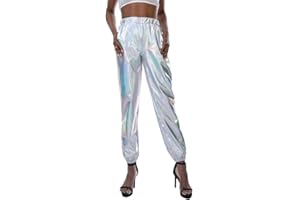IMEKIS Damen Hohe Taille Hose Glänzend Wetlook Metallic Cargohose Hologramm Hip Hop Tanzhose Lackleder Jogger Casual Streethose Bühnen Auftritt Partyhose Nachtclub Disco Clubwear