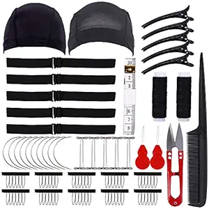 Wig Making Kit DIY Wig Tools Wig Accessories for Pro and Beginner, 5 Pieces Adjustable Elastic Band, 2 Pack Stretchable Wig Caps for Men and Women (Black)