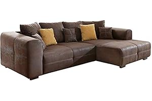 Cavadore Ecksofa Mavericco / Polster Eck-Couch mit Kissen in Antik-Leder-Optik und Holzfüßen / Longchair rechts / 285 x 69 x 