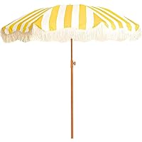 200cm Yellow and White Stripe Fringe Beach Umbrella Outdoor Tilt Parasol for Pool, Lawn, Garden or Patio, UPF 50+