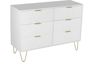 UEV Commode, Armoire avec 6 Tiroirs, Meuble de Rangement Chambre Enfant/Adulte, 100 x 34 x 73cm, Buffet Salon, Style Scandinave Elégant, Couleur Blanc