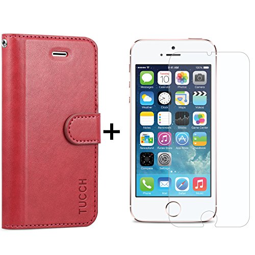 iPhone SE Case, iPhone 5s Leather Case, TUCCH [Lifetime Warranty] [FREE Tempered Glass Protector] Retro Leather Wallet Case with Detachable Hand Strap, Built-in Hidden Pocket Card Slots Magnetic Closure Flip Case for iPhone SE/5S/5 -Wine