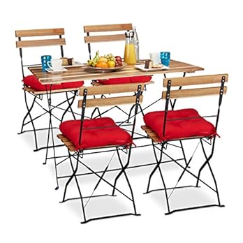 9 Tlg Gartensitzgruppe Aus Holz Natur Gartentisch Und Gartensthle Klappbar Rote Stuhlkissen Mit Schleife 4 Personen